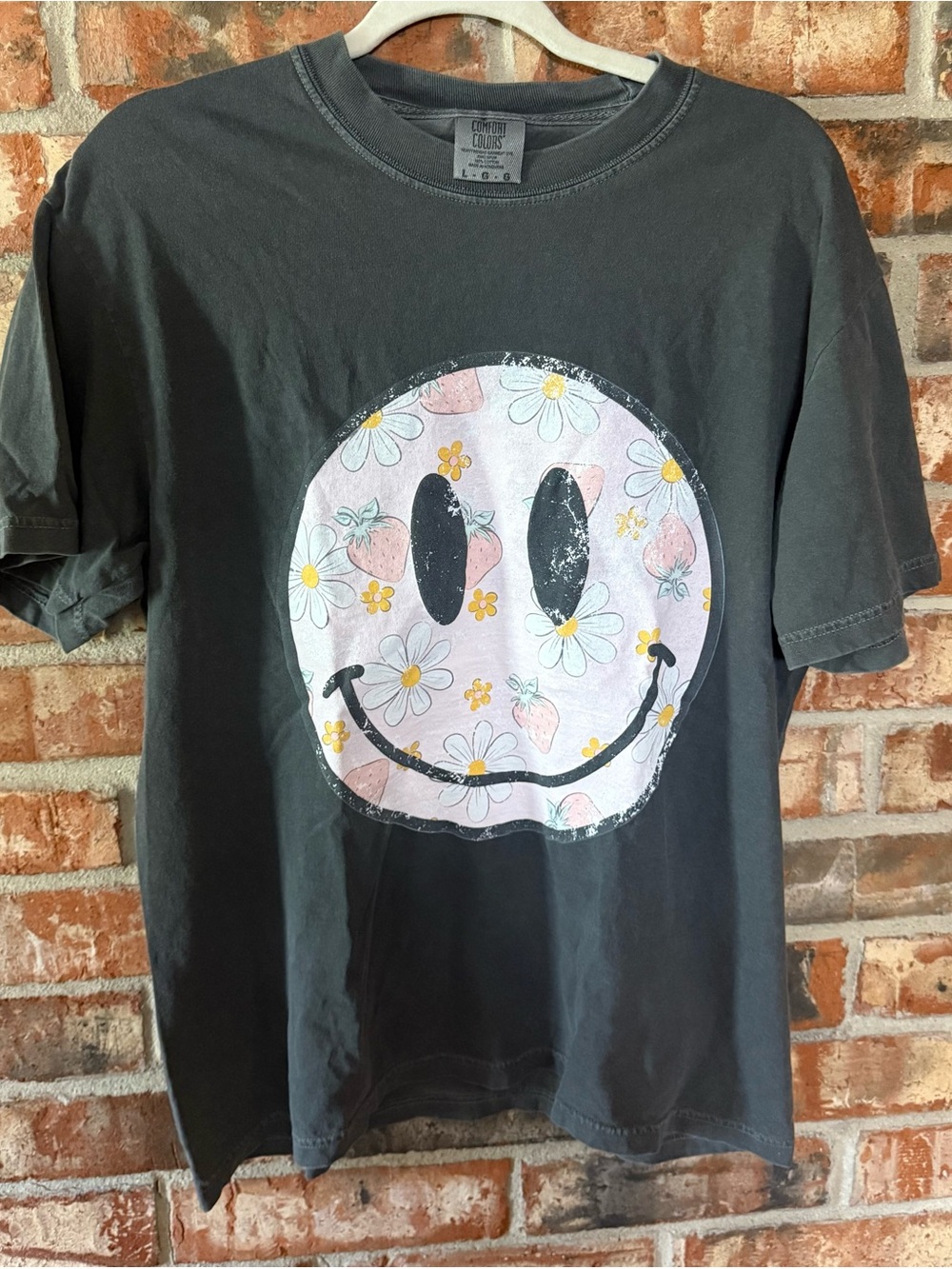 Comfort Colors Charcoal Short Sleeve Tee with Pink strawberry and floral Smiley